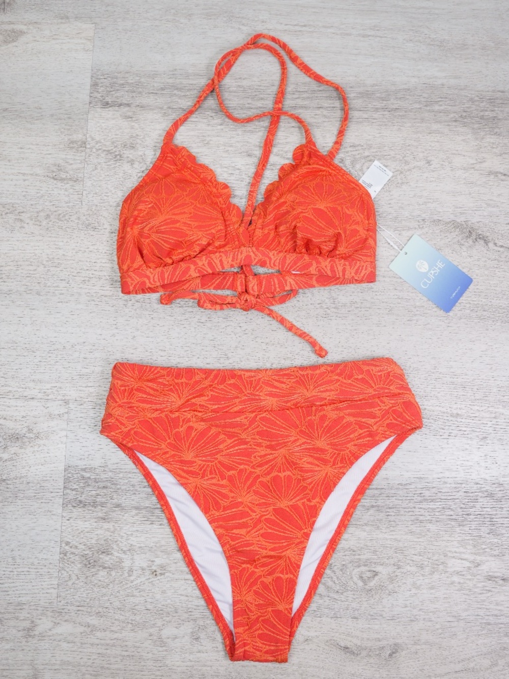 Cupshe Women’s Bikini Set Size S Orange Floral Jacquard Scalloped High Waist NWT